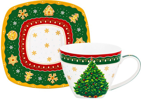 Изображение товара Чашка с блюдцем Elan Gallery Новогодняя елка / 420734 (зеленый узор)