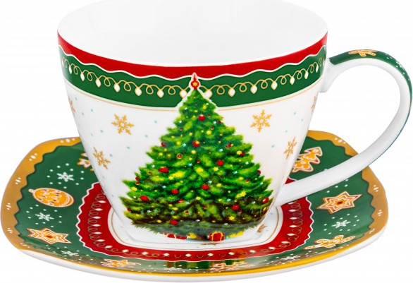 Изображение товара Чашка с блюдцем Elan Gallery Новогодняя елка / 420734 (зеленый узор)