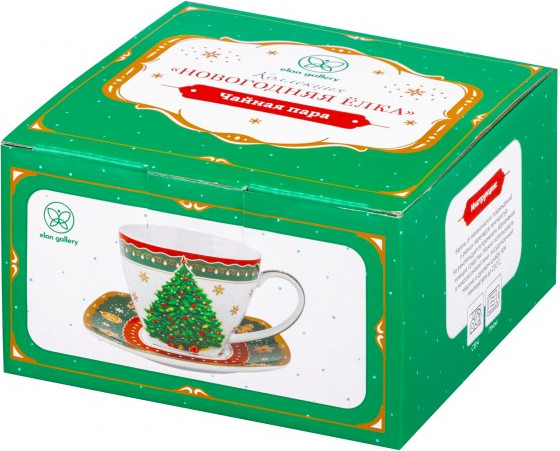 Изображение товара Чашка с блюдцем Elan Gallery Новогодняя елка / 420734 (зеленый узор)