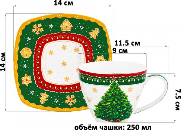 Изображение товара Чашка с блюдцем Elan Gallery Новогодняя елка / 420734 (зеленый узор)