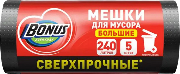 Изображение товара Пакеты для мусора Bonus прочные 240л (5шт, черный)