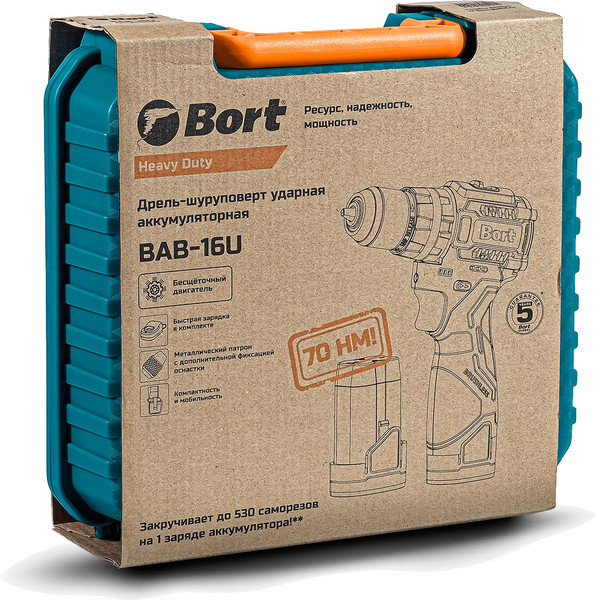 Изображение товара Аккумуляторная дрель-шуруповерт Bort BAB-16U 2x2А.ч (93414882)