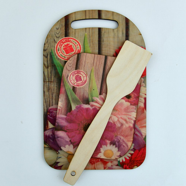 Изображение товара Разделочная доска Мультидом Красочная весна МБ18-394 (с подставкой и лопаткой)