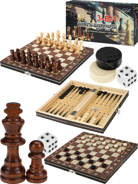 Изображение товара Набор настольных игр No Brand 3в1 Шахматы с магнитом, шашки без магнита, нарды / P00032