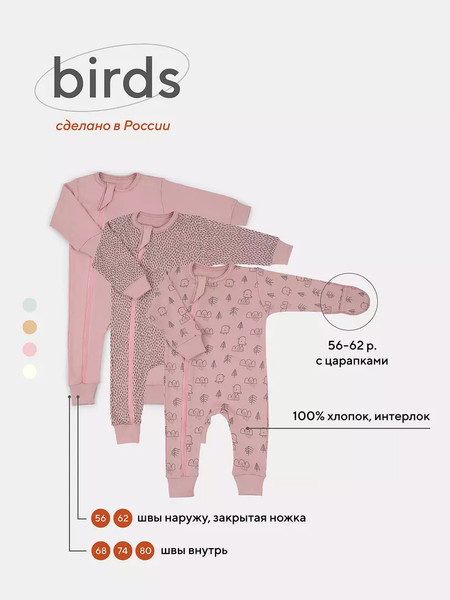 Изображение товара Набор комбинезонов для малышей MOWbaby Birds / 1282 (Rose, р.68)