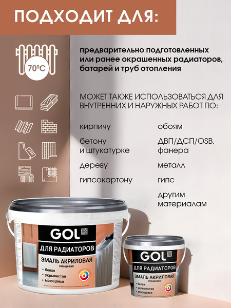 Изображение товара Эмаль GOL Акриловая для радиаторов (900г, белый глянцевый)