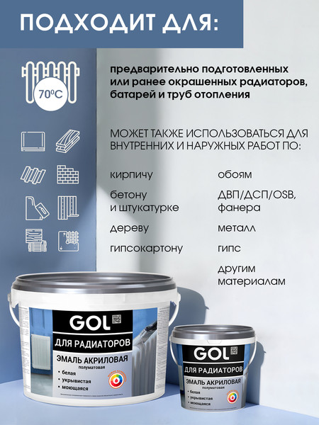 Изображение товара Эмаль GOL Акриловая для радиаторов (900г, белый полуматовый)