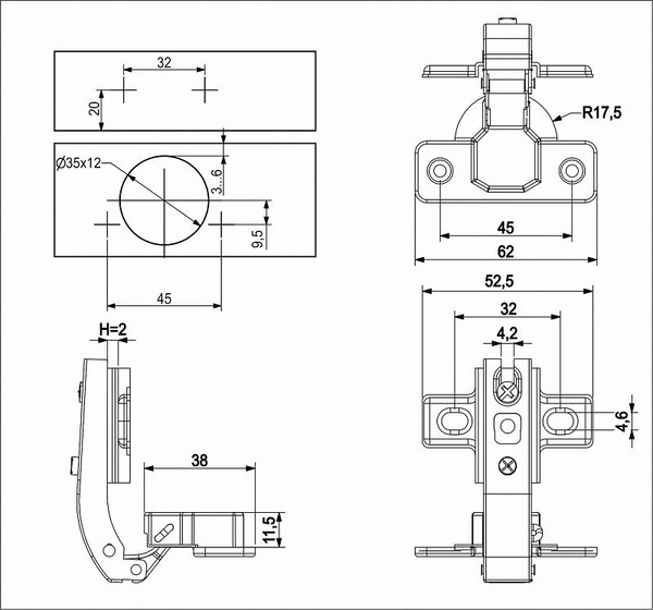 Изображение товара Петля мебельная AKS Под фальшпанель 90° с пружиной 45мм h2 slide-on / 23 752