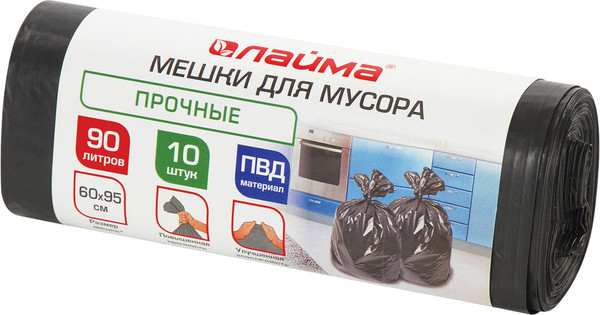 Изображение товара Пакеты для мусора Laima 605332 (90л, 10шт, черный)