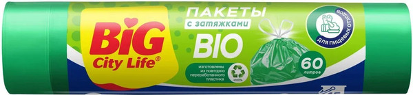 Изображение товара Пакеты для мусора Big City Life Bio HD 60л с затяжками (10шт, зеленый)