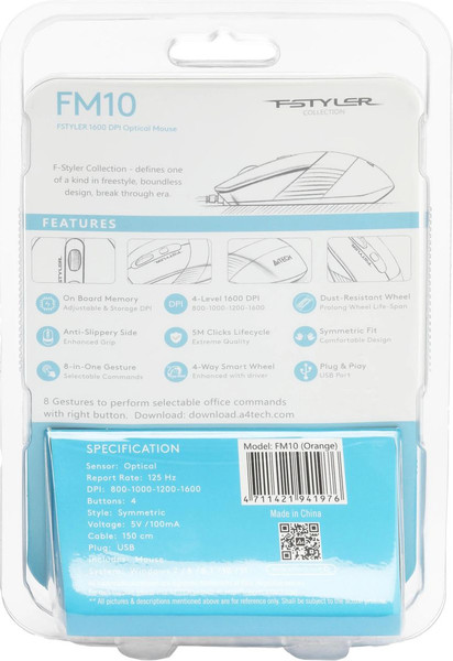 Изображение товара Мышь A4Tech Fstyler FM10S (черный/оранжевый)