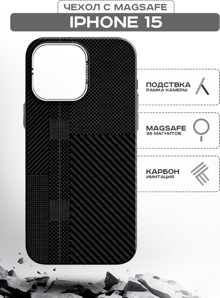 Изображение товара Чехол-накладка Luxo С MagSafe Квадраты карбона LF39 для Apple iPhone 15 (черный)