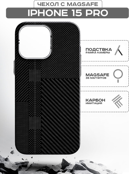 Изображение товара Чехол-накладка Luxo С MagSafe Квадраты карбона LF39 для Apple iPhone 15 Pro (черный)