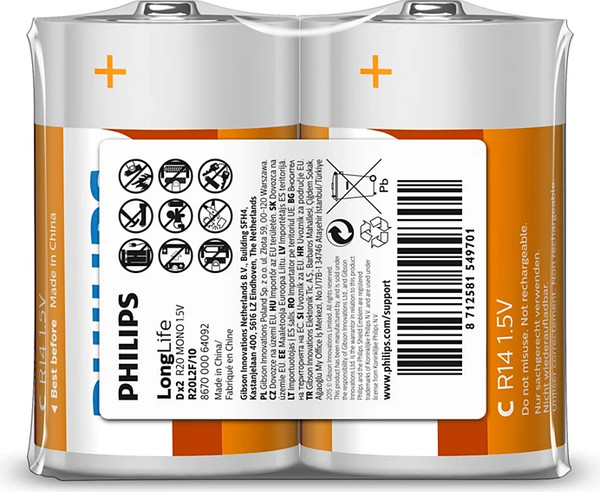 Изображение товара Комплект батареек Philips Longlife Zinc D R20L2F (2шт)