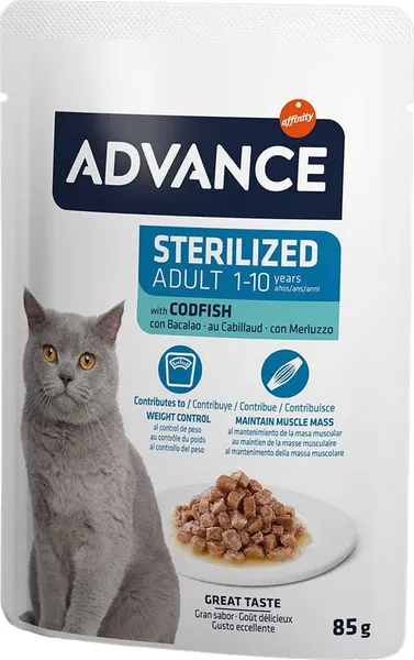 Изображение товара Влажный корм для кошек Advance Sterilized кусочки трески в соусе (85г)