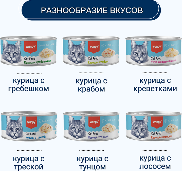Изображение товара Влажный корм для кошек Wanpy Cat Курица с лососем (95г)