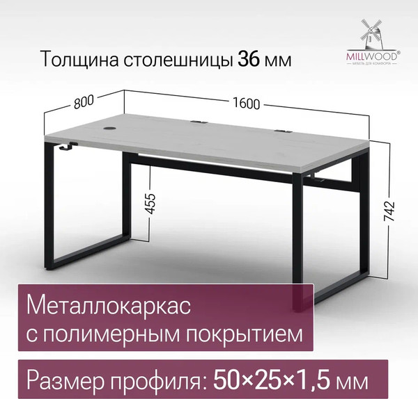 Изображение товара Компьютерный стол Millwood Каир Смарт 160x80x74.2 (дуб белый Craft/металл черный)