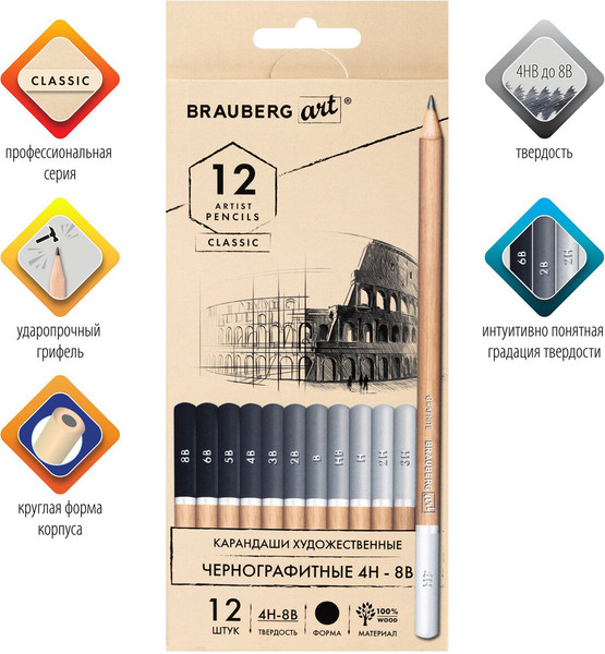 Изображение товара Набор простых карандашей Brauberg Art Classic / 181542 (12шт)