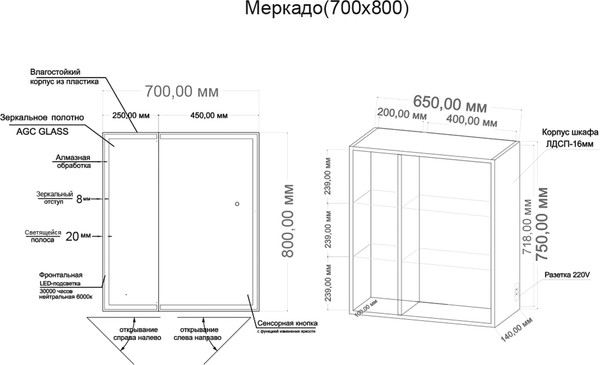 Изображение товара Шкаф с зеркалом для ванной Grossman Меркадо-70 / 207008