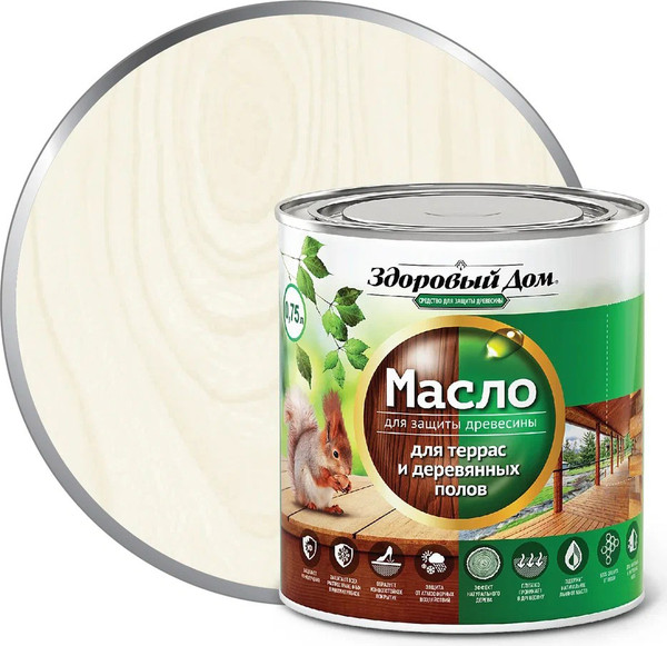 Изображение товара Масло для древесины Здоровый дом Для террас и деревянных полов (750мл, белый)
