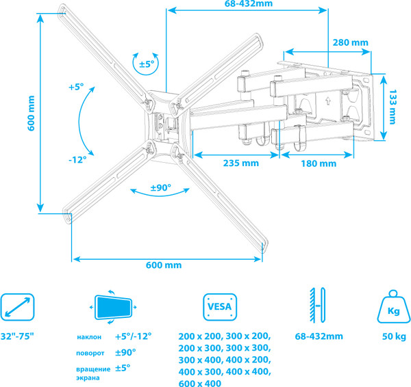 Изображение товара Кронштейн для телевизора Kromax Corbel-9 (темно-серый)