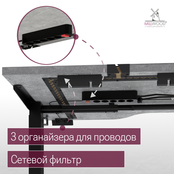 Изображение товара Стол с подъемным механизмом Millwood Подъемный Смарт с вырезом 160x80x74.5 (бетон/металл черный)