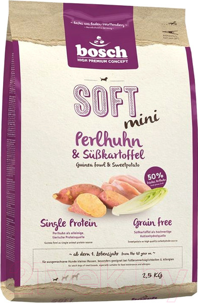 Изображение товара Полувлажный корм для собак Bosch Petfood Soft Mini Guinea Fowl&Sweetpotato (2.5кг)