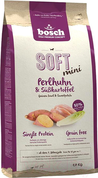 Изображение товара Полувлажный корм для собак Bosch Petfood Soft Mini Guinea Fowl&Sweetpotato (1кг)
