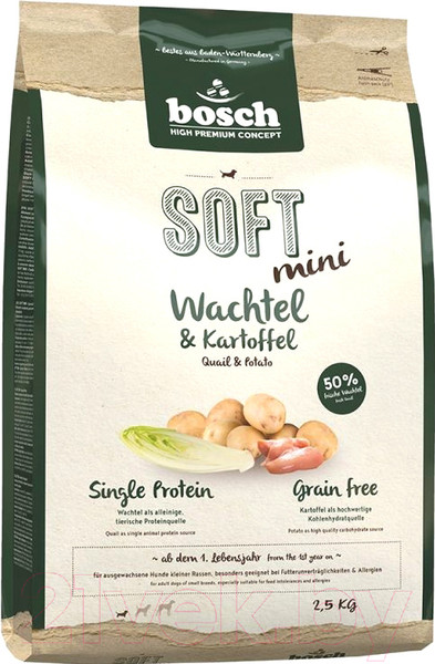 Изображение товара Полувлажный корм для собак Bosch Petfood Soft Mini Quail&Potato (2.5кг)