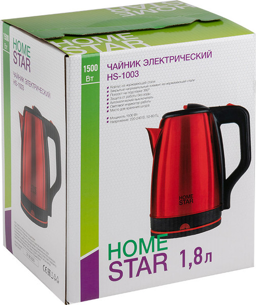 Изображение товара Электрочайник HomeStar HS-1003 / 107001 (стальной/красный)