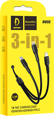 Изображение товара Кабель Denmen D05E 3в1 Lightning+Micro+Type-C (1м, черный)
