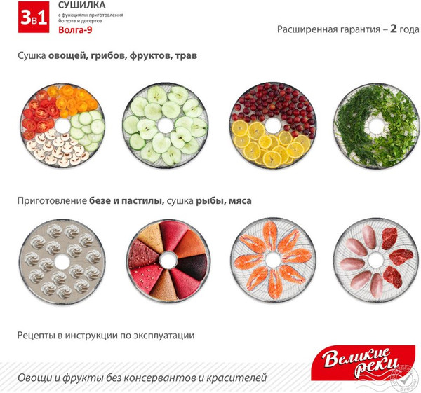Изображение товара Сушилка для овощей и фруктов Великие Реки Волга-9 3в1 (черный/белый)
