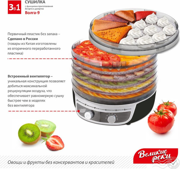 Изображение товара Сушилка для овощей и фруктов Великие Реки Волга-9 3в1 (черный/белый)
