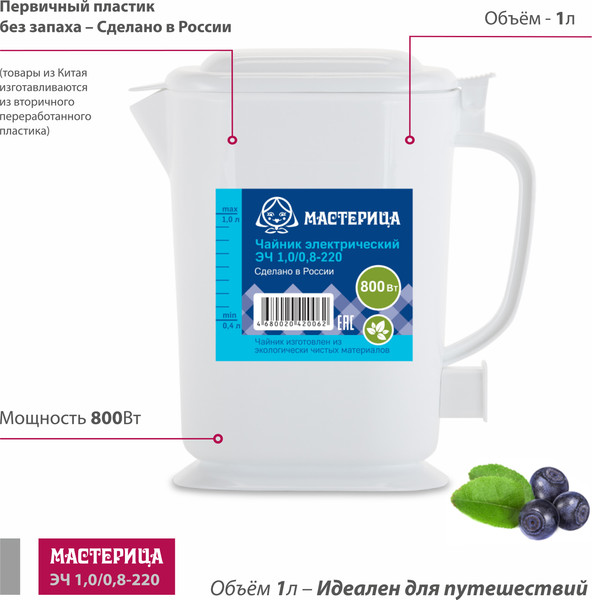 Изображение товара Электрочайник Мастерица ЭЧ-1.0/0.8-220Б (белый)