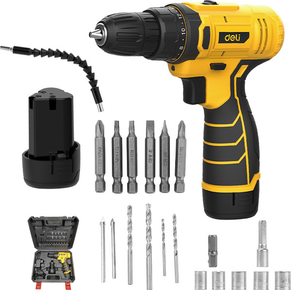 Изображение товара Аккумуляторная дрель-шуруповерт Deli YS EDL-DZ12-6A2 (12В, 30Нм, 1 АКБ 2Ач, набор оснастки, кейс)