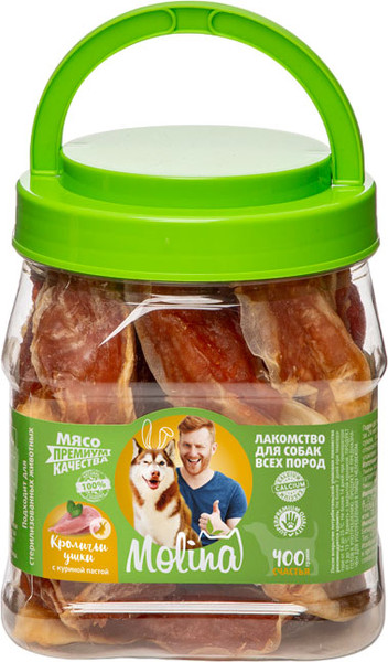 Изображение товара Лакомство для собак Molina Кроличьи ушки с куриной пастой (400г)