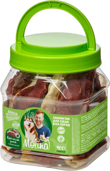 Изображение товара Лакомство для собак Molina Кроличьи ушки с утиной пастой (400г)