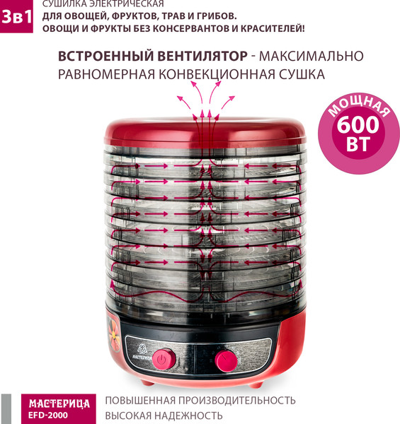 Изображение товара Сушилка для овощей и фруктов Мастерица EFD-2000 3в1 (вишневый/черный)