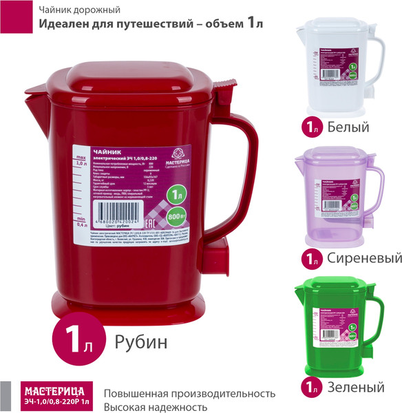 Изображение товара Электрочайник Мастерица ЭЧ-1.0/0.8-220Р (рубин)