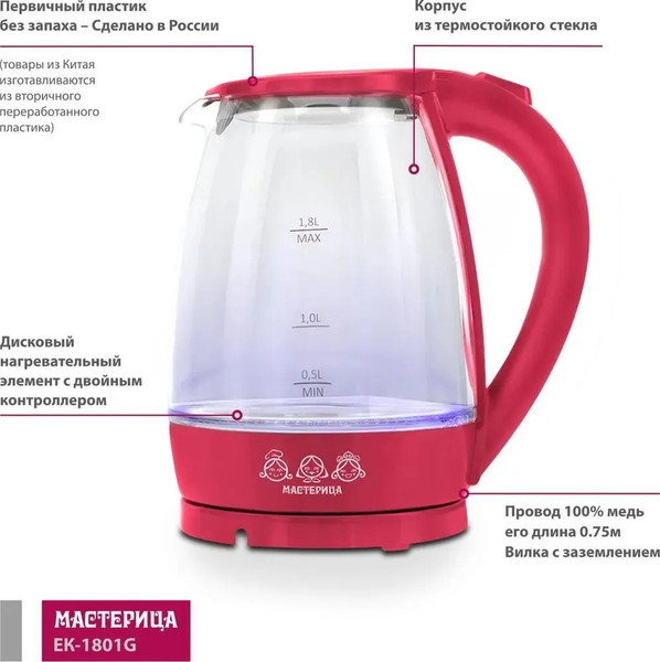 Изображение товара Электрочайник Мастерица ЕК-1801G (рубин)