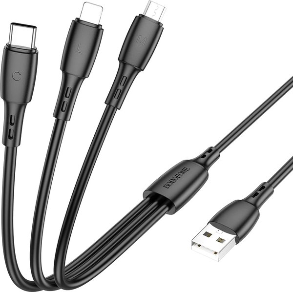 Изображение товара Кабель Borofone BX71 3в1 Lightning+Micro+Type-C (1м, черный)