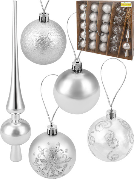 Изображение товара Набор шаров новогодних Miland С верхушкой / НУ-3605 (21шт, серебристый)