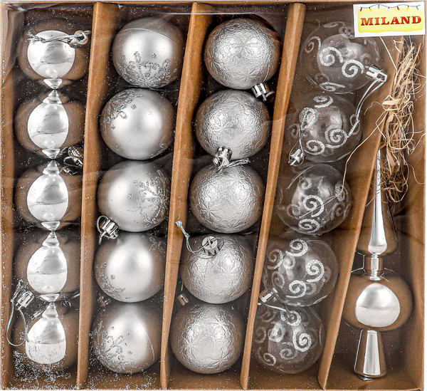 Изображение товара Набор шаров новогодних Miland С верхушкой / НУ-3605 (21шт, серебристый)