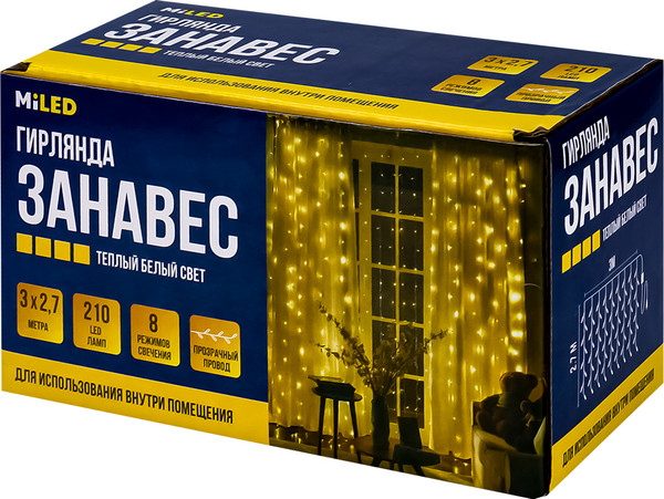 Изображение товара Световой занавес Miled 8 режимов 210 ламп / ГЗ-0039 (3x2.7м, теплый белый)