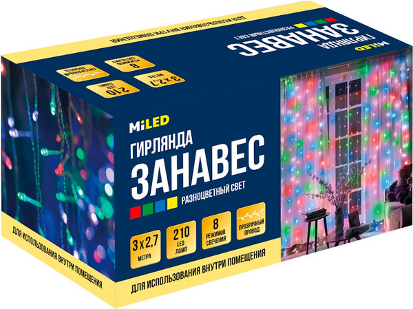 Изображение товара Световой занавес Miled 8 режимов 210 ламп / ГЗ-0045 (3x2.7м, разноцветный)