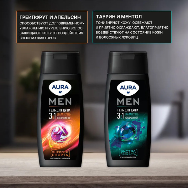 Изображение товара Набор косметики для тела Aura Men Гель для душа Энергия спорта 3в1+Экстрасвежесть 3в1 (2x250мл)