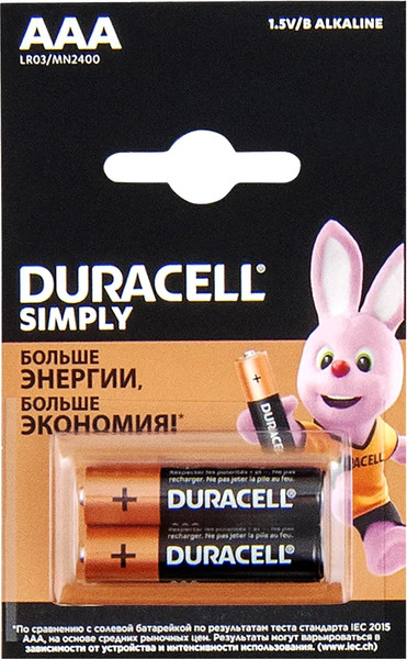 Изображение товара Комплект батареек Duracell LR03/MN2400 AAA Simply (2шт)