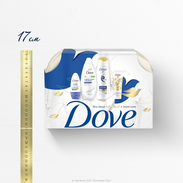 Изображение товара Набор косметики для тела и волос Dove Нежнее к твоей коже Шампунь+Гель д/душа+Дезодорант+Крем д/рук (2x250мл+50мл+50мл, с косметичкой)