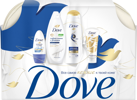 Изображение товара Набор косметики для тела и волос Dove Нежнее к твоей коже Шампунь+Гель д/душа+Дезодорант+Крем д/рук (2x250мл+50мл+50мл, с косметичкой)