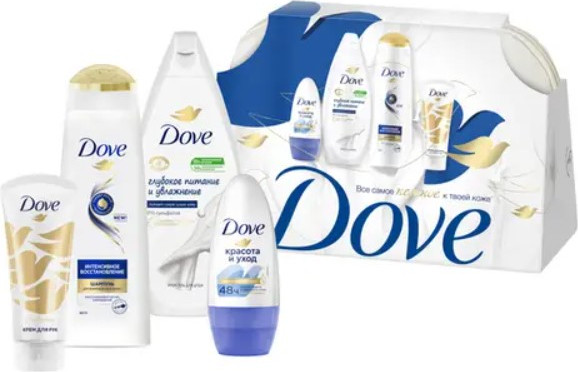 Изображение товара Набор косметики для тела и волос Dove Нежнее к твоей коже Шампунь+Гель д/душа+Дезодорант+Крем д/рук (2x250мл+50мл+50мл, с косметичкой)
